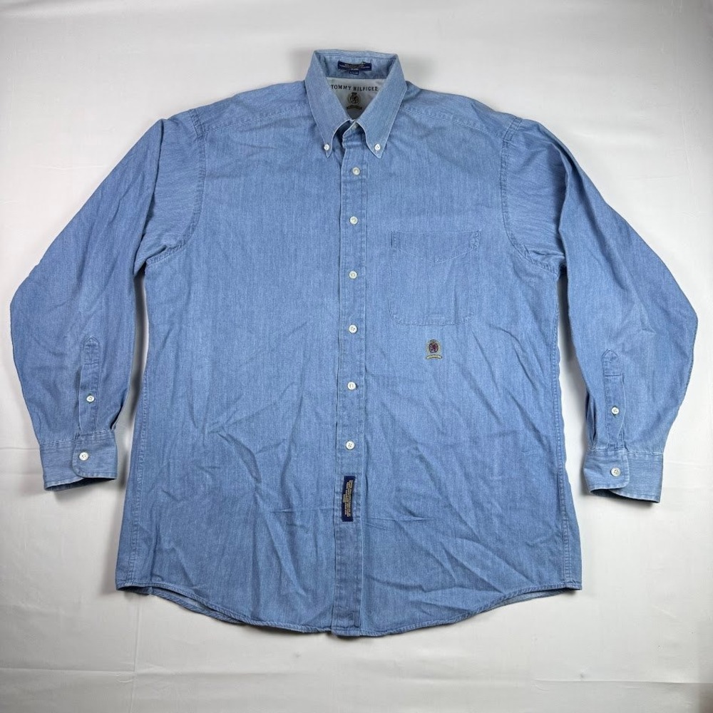 Vintage Tommy Hilfiger Chambray Blue Button Down Shirt Crest Logo Mens 16.5 34